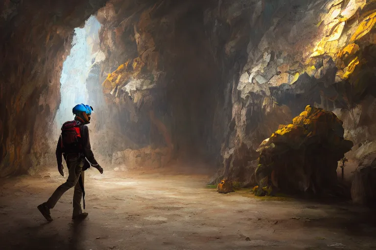 Prompt: a guy with a helmet explores an art gallery in a cave, expressive oil painting, digital art, by dan mumford, by greg rutkowski, volumetrics, octane render