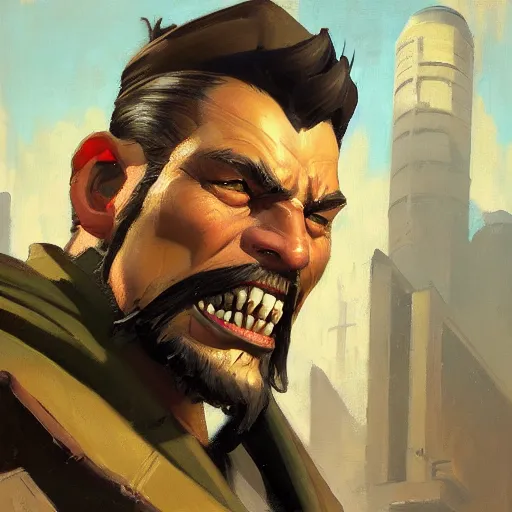 Image similar to greg manchess close - up portrait painting of a handsome older male dieselpunk orc with olive green skin as an overwatch character, medium shot, asymmetrical, profile picture, organic painting, sunny day, matte painting, bold shapes, hard edges, street art, trending on artstation, by huang guangjian and gil elvgren and sachin teng