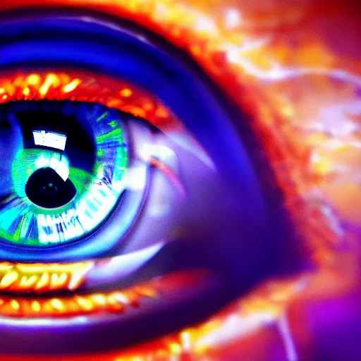 Image similar to Cybernetic Eye with intricate reflections, Close up, colorful, fantasy, vivid colors, concept art, sharp focus, digital art, Hyper-realistic, 4K, Unreal Engine, Highly Detailed, HD, Dramatic Lighting by Brom, trending on Artstation