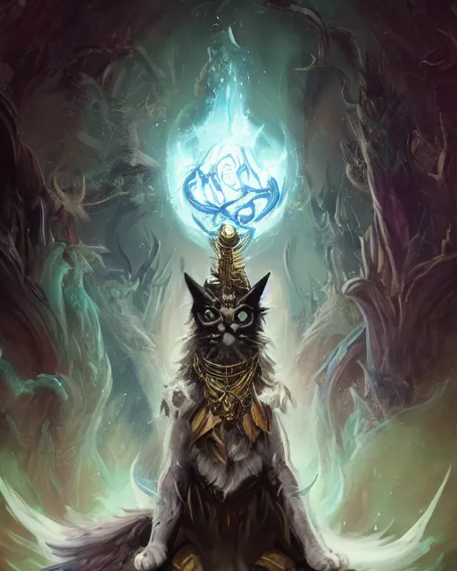 Image similar to Cat magus, Tzeentch, spell, dark fur, magic the gathering artwork, D&D, fantasy, cinematic lighting, centered, symmetrical, highly detailed, digital painting, artstation, concept art, smooth, sharp focus, illustration, volumetric lighting, epic Composition, 8k, art by Akihiko Yoshida and Greg Rutkowski and Craig Mullins, oil painting, cgsociety