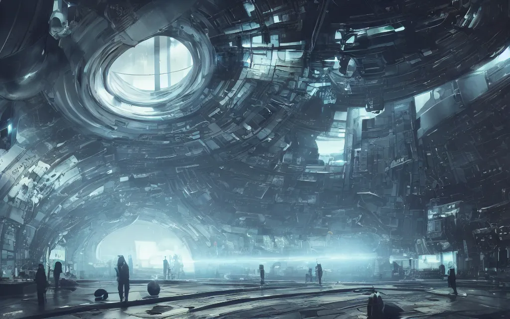 Image similar to large teleporter in space inside a bustling space market, concept art, digital art, illustration, sharp focus, octane render, trending on artstation