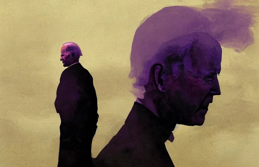 Prompt: Joe Biden casts a long shadow, by Greg Rutkowski and Dave McKean purple color palette