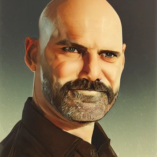 Prompt: portrait from a handsome masculine balded bearded fireworker by artist kuvshinov ilya