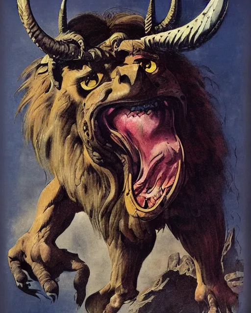 Prompt: a creature with the body and eyes of a man, with the beak of an eagle, the mane of a lion, and the horns of an ox. drawn by frank frazetta, vivid colors