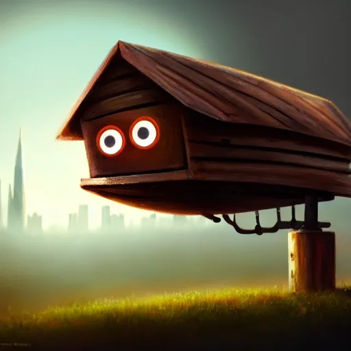 Image similar to a walking cute wood house with two mechanical legs and two glowing eyes and a mouth, rust, hyperrealistic, pareidolia, highly detailed, cinematic, single ray of sun, fog, city in background, beautiful, cgssociety, artstation, 8 k, oil painting