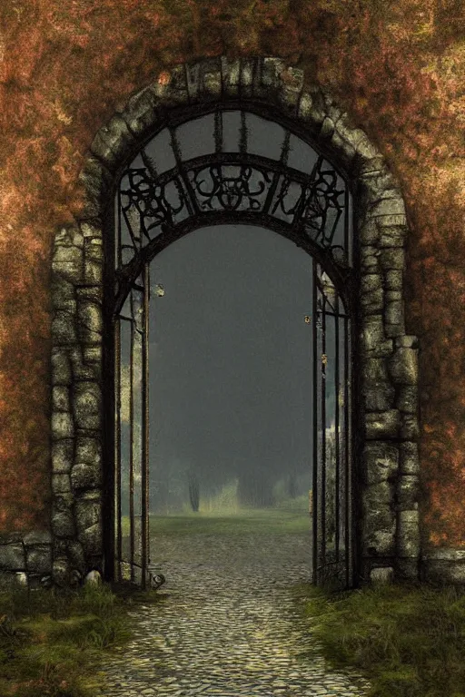 Prompt: beautiful digital painting high quality heavy iron gothic gate in the woods cobblestone ground by ARnold Böcklin, artstation behance