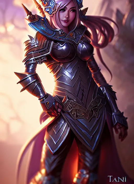 Image similar to sakimi chan, fantasy armor, detailed face, dynamic lighting, tony sart