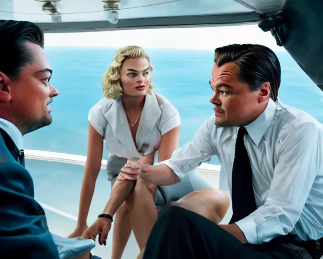 Image similar to leonardo dicaprio as the wolf of wall street next to margot robbie as naomi from the wolf of wall street in a helicopter, hyper realistic faces, beautiful eyes, cinematic, long shot, hyper detailed, 8 5 mm photograph, 8 k resolution, film still, sharp lens, wide lens