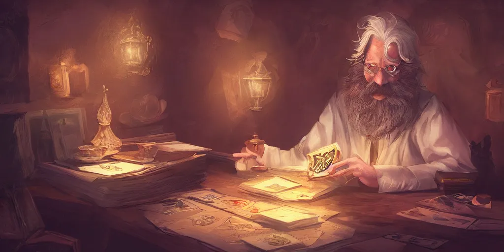 Image similar to wizard shuffling cards, cards, fantasy, digital art, soft lighting, concept art, 8 k