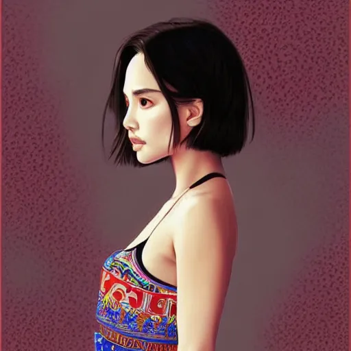 Image similar to a beautiful young japanese natalie portman alluring gravure model, wearing elegant designer tank top, elegant tank top with mesoamerican patterns, by wlop and ilya kuvshinov and artgerm and, aesthetic, gorgeous, stunning, alluring, attractive, artstation, deviantart, pinterest, digital art