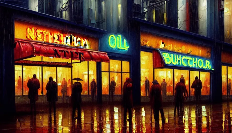 Image similar to oil painting of a neon sign storefront butcher shop, raining, busy street, cyberpunk, romantisism, outrun, synthwave, painting, detailed, by katia chausheva