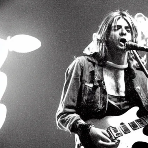 Prompt: Kurt Cobain singing into a shotgun on stage with smoke and lights in the background