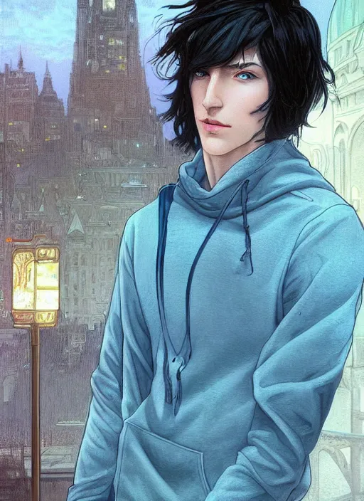 Image similar to handsome young man with short black hair, glowing light blue eyes, pale skin, wearing jeans and a black hoodie, detailed night time cityscape background, realistic painting by ross tran and gerald brom and alphonse mucha, ilya kuvshinov, svetlana tigai, artgerm, trending on artstation