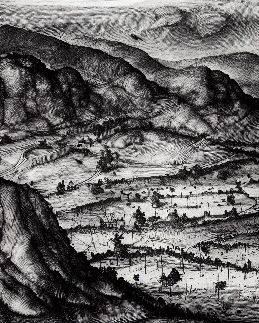 Image similar to landscape of battlefield, hyper realism, fine details, deviantart artstation, extremely detailed, black and white, very sharp, in the style of albrecht durer, etching,