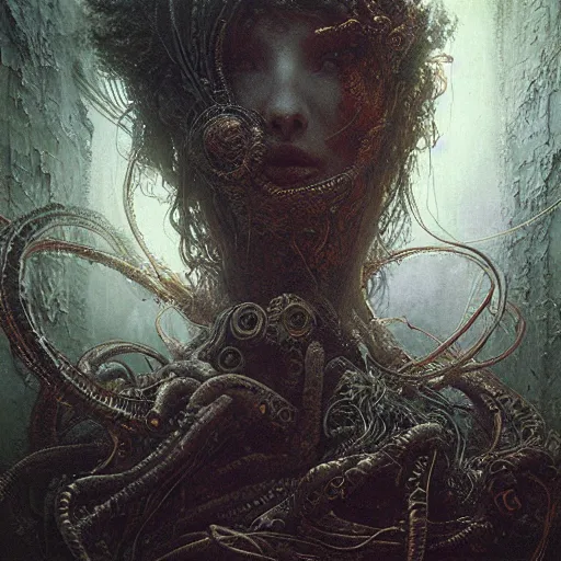 Image similar to cyberpunk medusa by gustave dore and gustave moreau and beksinski and giger and craig mullins and jeremy mann