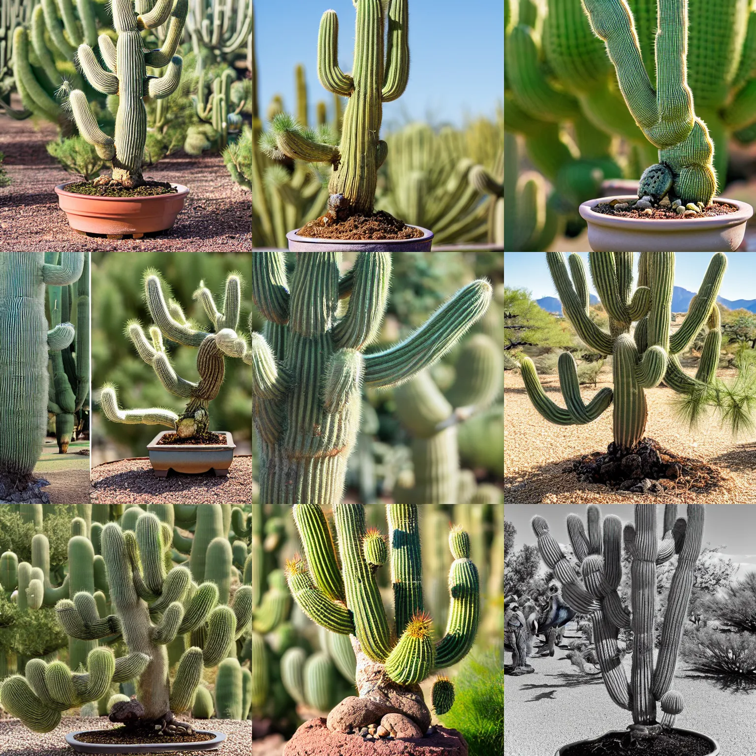 Prompt: Bonsai saguaro cactus in training since 1834, photograph from the national arboretum, Canon EOS R3, f/1.4, ISO 200, 1/160s, 8K
