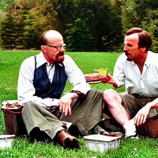 Image similar to walter white and saul goodman having a picnic date at the park, circa 1 9 4 6