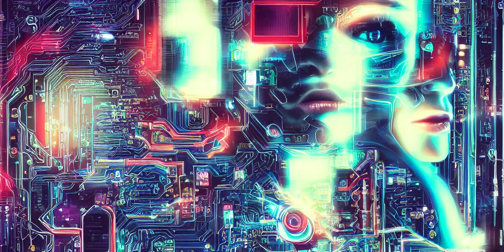 Image similar to portrait of computer & circuits, 8 k, by tristan eaton, trending on deviantart, face enhance, hyper detailed, minimalist, cybernetic, android, blade runner, full of colour, super detailed, cinematic, unreal engine, octane render