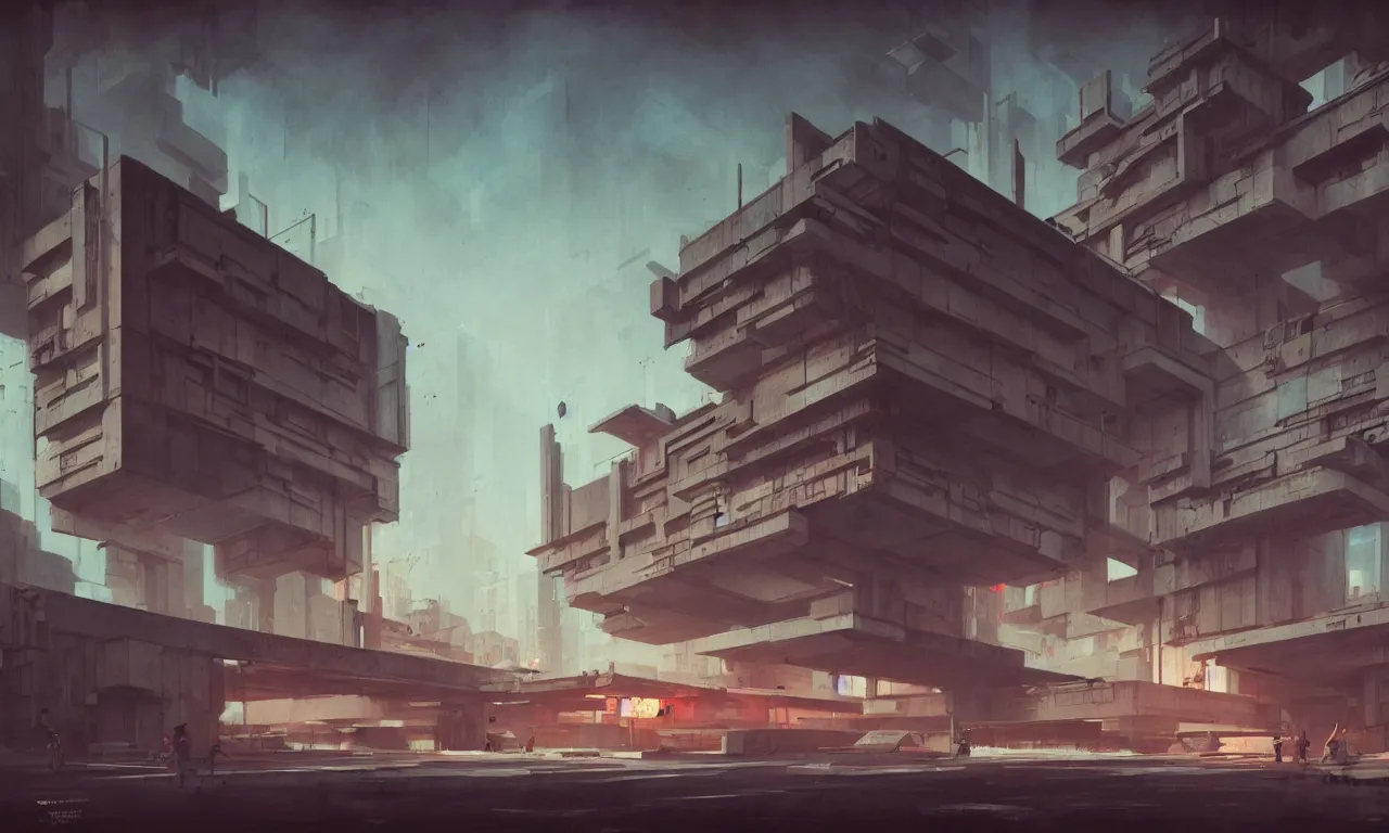 Image similar to brutalist architecture by le corbusier, colorful neon lighting, greg rutkowski, syd mead, concept art, matte painting, highly detailed, rule of thirds, dynamic lighting, cinematic, detailed, denoised, centered