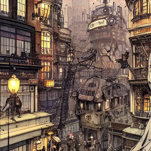 Prompt: dystopian steampunk digital painting London street beautifully detailed illustration by Hermann Corrodi, Milo Manara and Victo Ngai, late 1800’s style 576