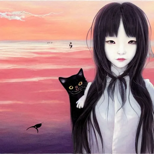 Image similar to style of Guo Hua ,young vampire and her black cat Portrait by Miho Hirano, full body , realistic, detailed, white, light pink tonalities, beautiful collage technique including clouds, sea, wind, ornate sea background, beautiful Fantasy detailed trending on artstation, oil painting,Dramatic lighting, eterea , high quality print, fine art with subtle redshift rendering