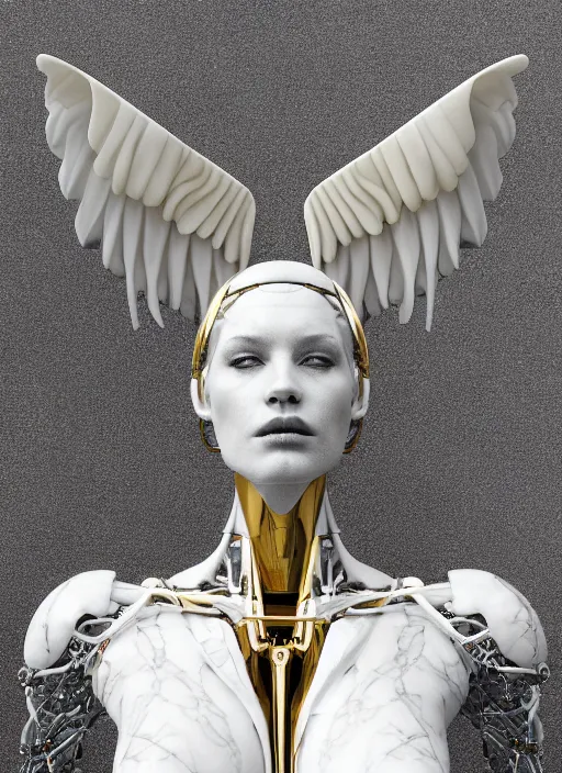 Prompt: a statue made of white marble with gold veins, of an beautiful gorgeous futuristic cybernetic angel athletic girl, prostheses, transhumanism, full body shot, perfect symmetrical body, perfect symmetrical face, hyper realistic, hyper detailed, by johannen voss, by peter kemp, by monia merlo, by michelangelo, octane render, blender, 8 k