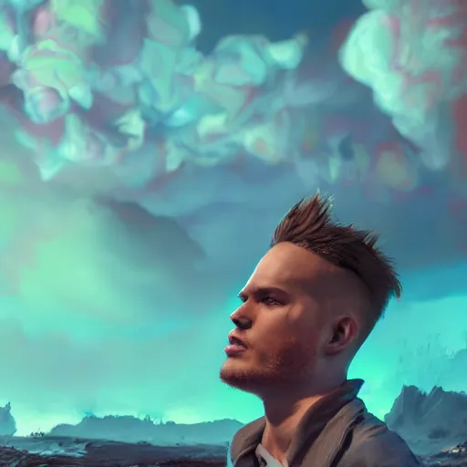 Prompt: portrait of man, his head is in smoke vaporizing, colorful vivid sky in background, made andrew chiampo, artstation, frederik heyman, extremely detailed, stunning volumetric lighting, fantasy, hyperrealism, 3 d render, octane render, unreal engine, fantasy, intricate detail, 4 k, futuristic, sharp focus, smooth