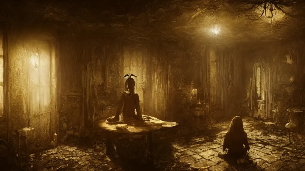 Prompt: a witch sitting in the shadows on the inside of a decrepit cottage at night, highly detailed interior, by Bastien LeCouffe-Deharme, hyperrealistic, Cryengine 8k UHD