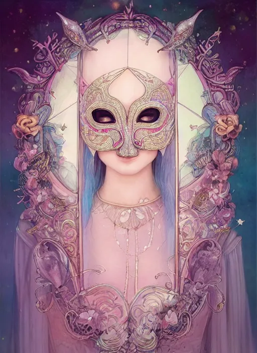 Prompt: “ an adorable woman wear beautifull intricate mask, lolitadress, pastel color, iridescent, highly detailed, tarot card featured on artstation, cgsociety, artgerm, clear symmetrical face, by moebius, kelly mckernan, skeeva and tom bagshaw, 8 k, intricate details, fantasy, character design, concept art ”