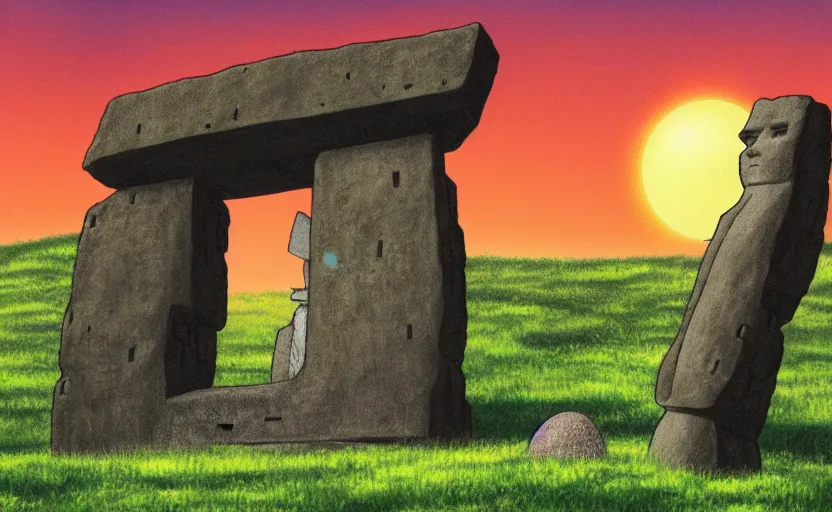 Image similar to a cell - shaded studio ghibli concept art study of a square dimensional portal doorway in easter island on a misty starry night. water is flowing out of the mouth of the portal. very dull colors, hd, 4 k, hq