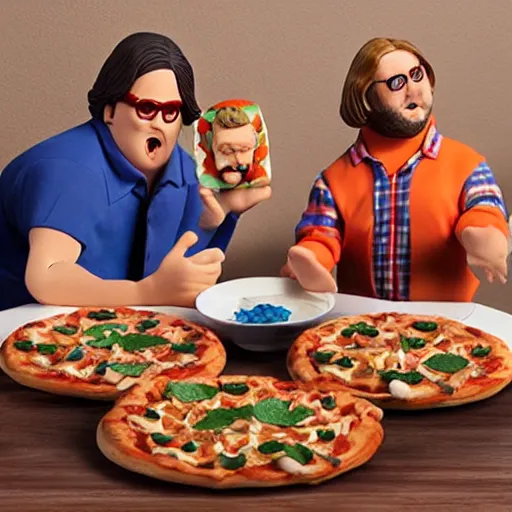 Image similar to tim and eric action figures eating pizza