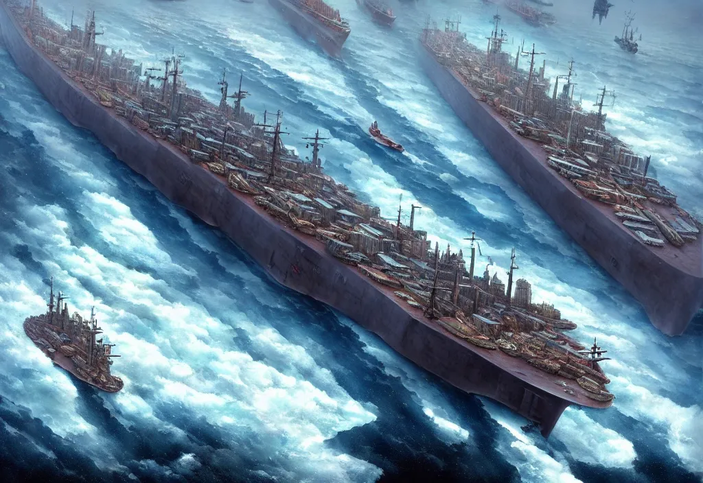 Prompt: one enormous gigantic steel ship - shaped fortress - city sailing across an icy cold ocean. masterpiece, cinematic, hyperdetailed, photorealistic, hyperrealism, octane rendering, depth of field, bokeh, architecture, shadows, aerial view, art by tom bagshaw, geof darrow