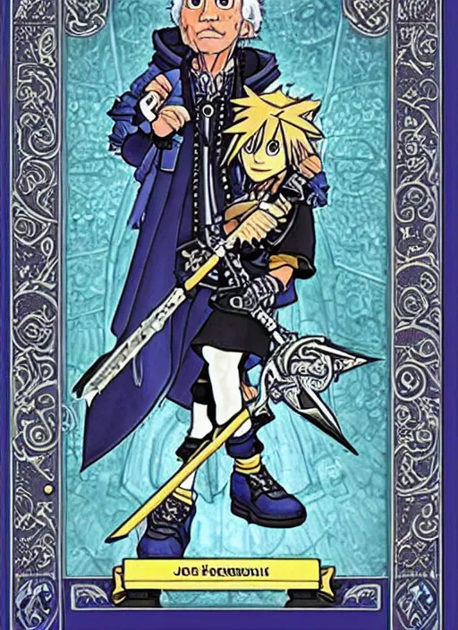 Prompt: joe biden as a kingdom hearts keyblade villain, official square enix tarot card, intricate design, high definition, delicate patterned, fashionable rpg clothing