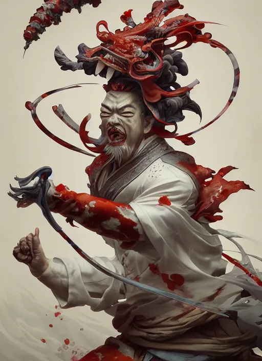 Image similar to subsurface scattering, white, koi, samurai deity, by jesper ejsing, james jean, justin gerard, tomasz alen kopera, cgsociety and fenghua zhong, highly detailed, rim light, cinematic lighting, illustration, art, octane render, very coherent, cinematic, hyper realism, high detail, 8 k