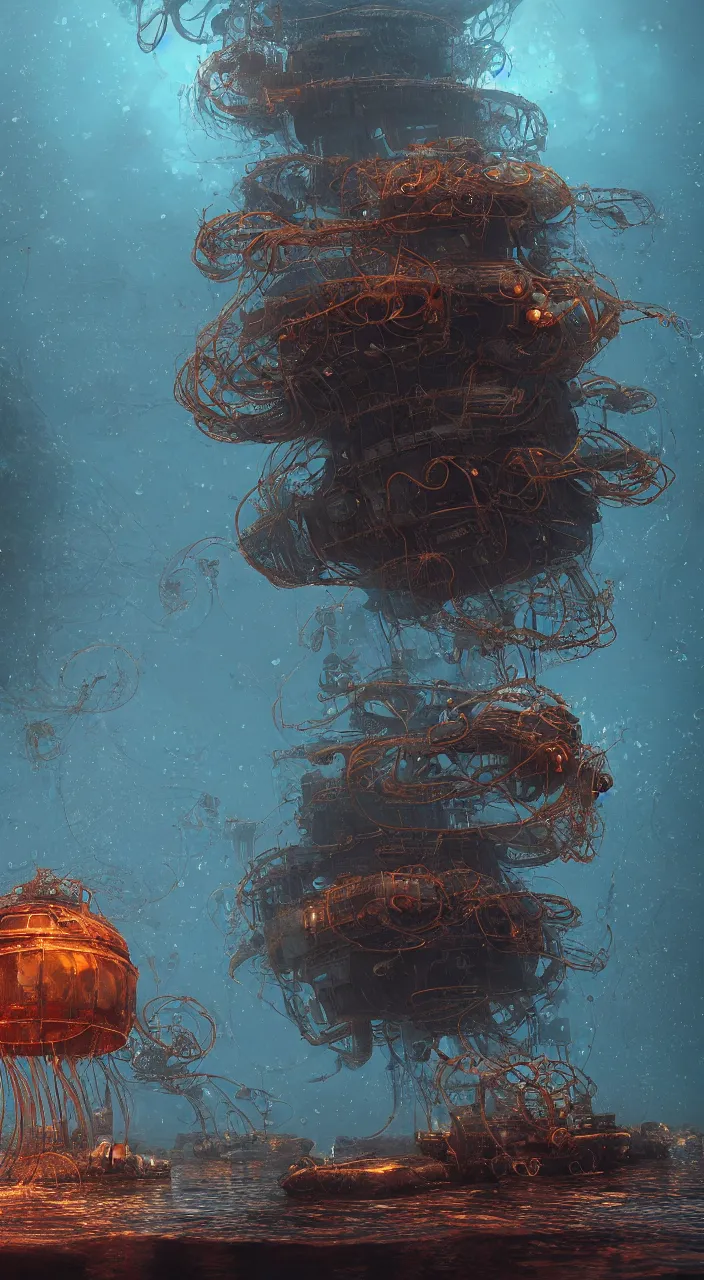 Prompt: underwater building that resembles steampunk man o war jellyfish, james gurney, thomas kinkade, cinematic lighting, artstation, vibrant nature, tuomas korpi, tekkon kinreet, volumetric light, artstation, octane render, redshift render, low angle camera, rich deep moody colors