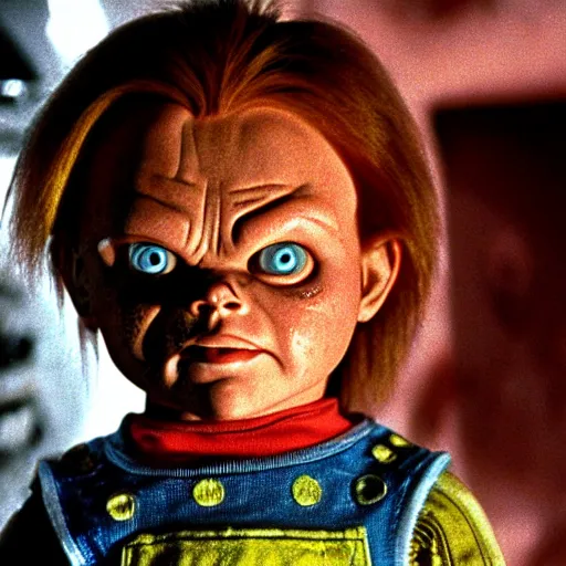 Prompt: chucky in alien ( 1 9 7 9 ), film still