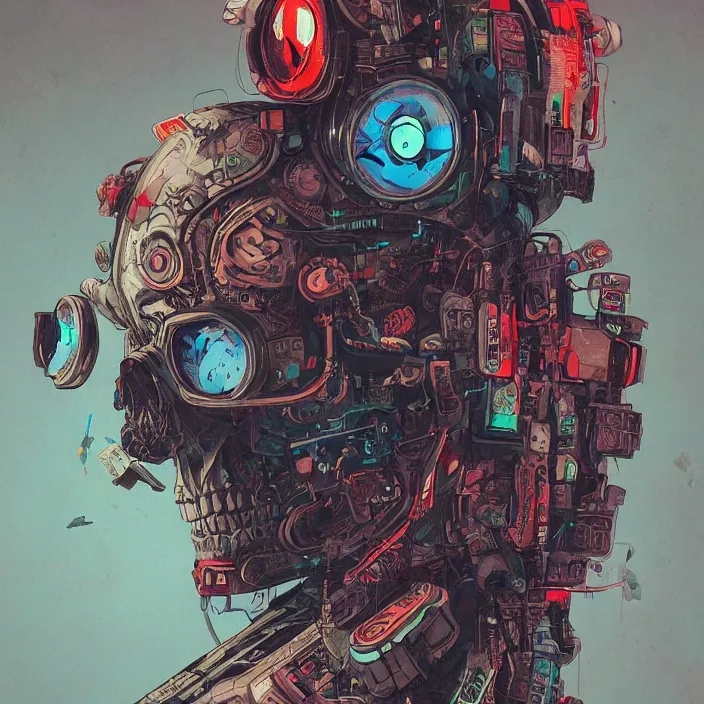 Image similar to a beautiful painting of a cyberpunk skull by james jean and pascal blanche and reza afshar. in style of colorful comic noir illustration, symmetry, sci fi, hyper detailed. octane render. trending on artstation