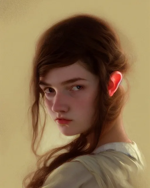 Image similar to !dream portrait of a welsh teenage girl with brown hair, glowing skin, delicate features, quiet beauty, amelie poulain, elfin beauty, fantasy, intricate, elegant, dress shirt, highly detailed, digital painting, artstation, concept art, smooth, sharp focus, illustration, art by Krenz Cushart and Artem Demura and alphonse mucha