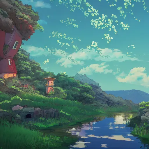 Image similar to Tour Zamansky in the style of studio ghibli, beautiful landscape, intense lighting, 8k, trending on artstation