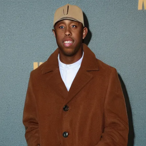 Prompt: tyler the creator wearing a brown coat