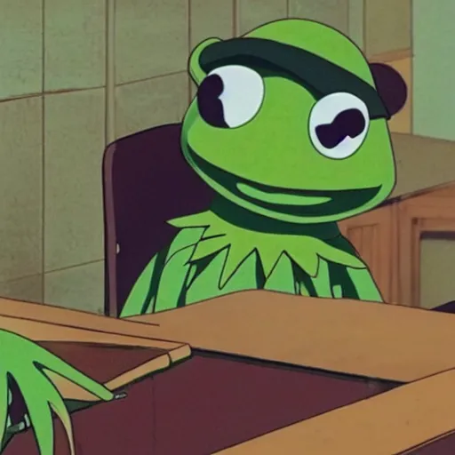 Image similar to a still of kermit the frog, anime, spirited away,