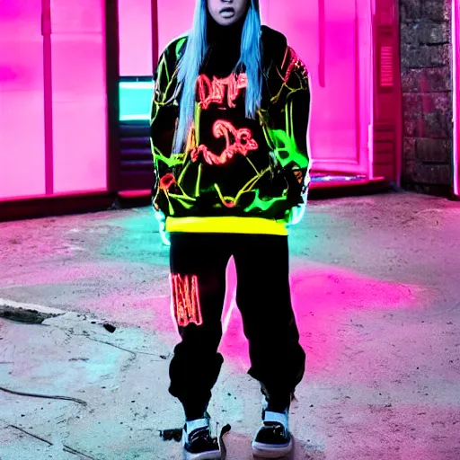 Image similar to billie eilish in the street, explosion of neon lights