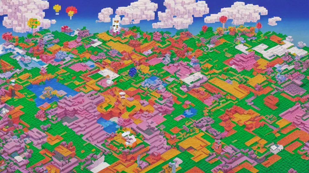 Image similar to A Dithered Minecraft Landscape with some buildings, a painting by Takashi Murakami, Chiho Aoshima, Yoshitomo Nara and Aya Takano, Superflat art movement, ethereal, chiaroscuro, autochrome, soft pastel colors, pastel oil inks, realistic lighting, oil painting, heavy imaspto technique, scarlet, infernal, despair, omnious, chiaroscuro