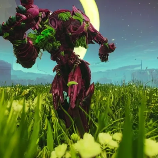 Prompt: corrupted sentinel enjoying picking up flower on infested planet