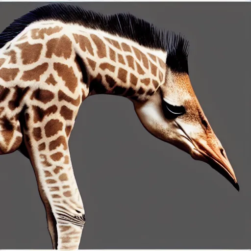 Image similar to a real footage of a new animal species, a mix hybdrid between a penguin body, a giraffe neck, hyperdetailed mix, photomanipulation