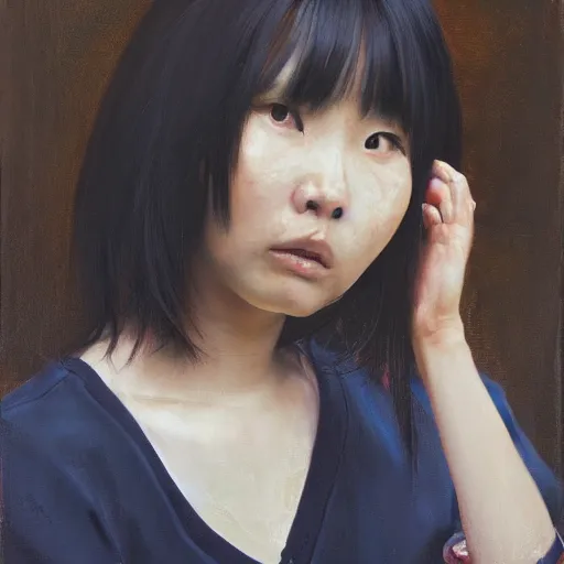 Prompt: portrait of a korean schoolgirl with long hair and bangs, an angry expression, in a fighting stance, her hands are red roots, oil on canvas, elegant pose, masterpiece, Jonathan Yeo painting