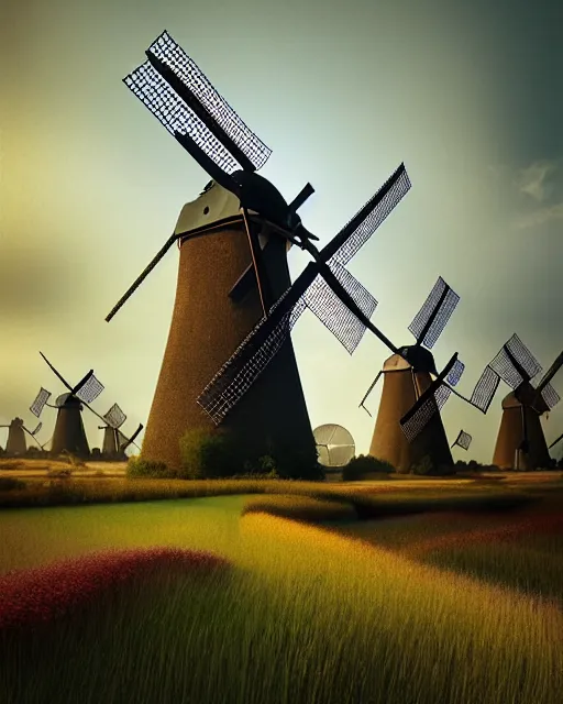 Image similar to hyper realistic, a large vintage painted artists backdrop of holland in the middle ages, with windmills, soft light, photo realistic, hyper detailed, 3 d sci fi render by beeple