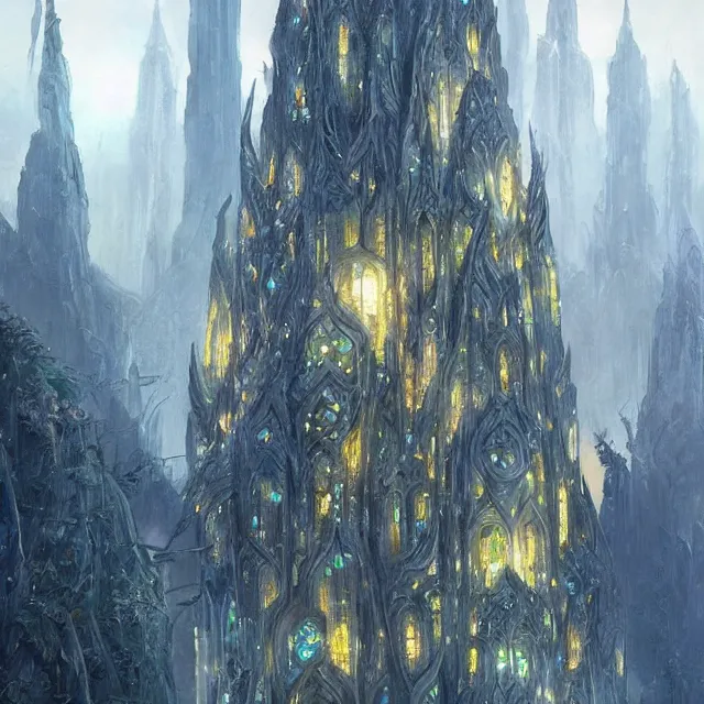 Prompt: the delicate opal skyscrapers beautifully showcase elven architecture. oil painting by the award - winning concept artist