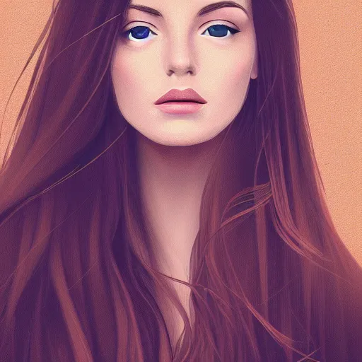 Prompt: portrait of a young woman with long brown hair, simple style, digital art, saturated