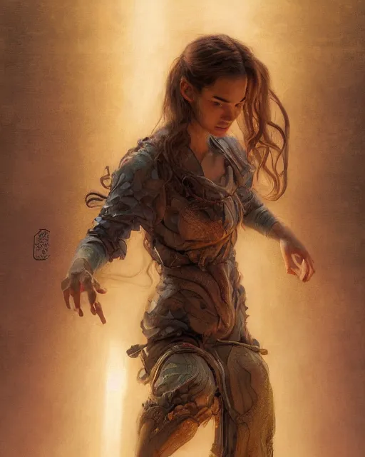 Prompt: weta movie still full body portrait photo of a kneeling 1 7 - year old lily james, with detailed face, wearing shorts and a t - shirt, kneeling on the ground, by donato giancola, weta, wlop, ilya kuvshinov, rossdraws, artgerm, anime, liosh, mucha, bouguereau